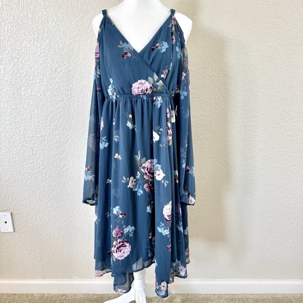 Torrid Dress Size 2 18/20 Teal Floral Cold Shoulder Faux Wrap Midi High Low